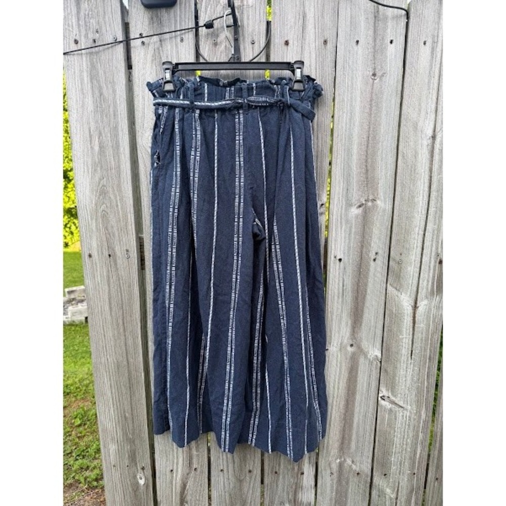 Striped Coastal Boho Beau Dawson Paperbag Wide Leg Pants Womens Medium Navy Blue